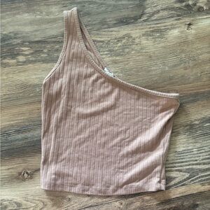 Garage Tan Asymmetrical Ribbed Crop Top